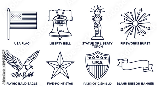 American patriotic symbols icons set line art drawing