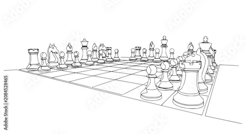 Chessboard sketch with pieces lined up for game start, strategic planning concept