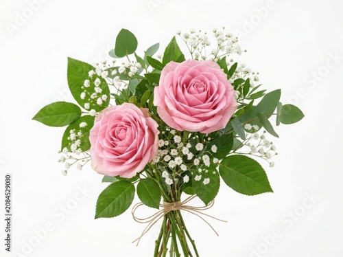 Beautiful bouquet of two soft pink roses with green leaves and small white flowers tied with a simple delicate ribbon bow isolated on white background