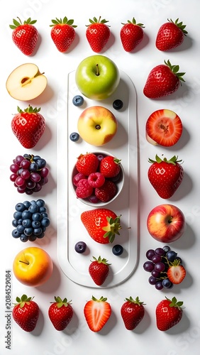 Colorful assortment of fresh berries and citrus fruits in white bowls.