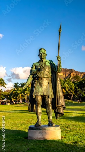 Bronze statue of warrior holding spear in park.