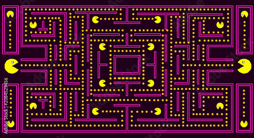 Retro Arcade Maze Game with Neon Pixel Art and Classic Vintage Gameplay. Vector illustration.