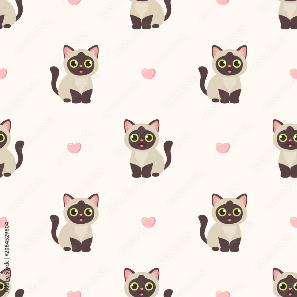 Fototapeta premium Minimalist siamese cat seamless pattern, cute cartoon thai kitten heart repetitive background on white