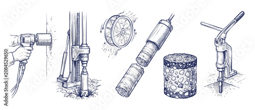 Quadro su tela Concrete core drilling equipment sketch showing diamond drill rig tool, hand-held wall drilling machine, extracted concrete core sample, and testing apparatus in vintage engraving style illustrations