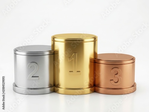 Shiny gold silver and bronze winners podium showing first second and third place ranks for sports competition and success isolated on white background
