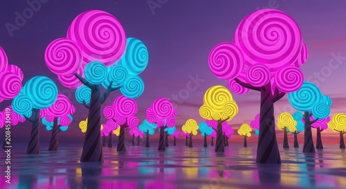 Vibrant colorful trees in water landscape.