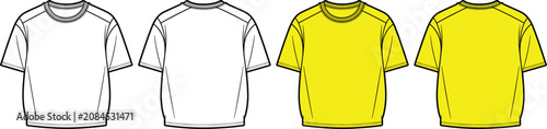 Photos Front and back view of white and yellow t-shirts with raglan sleeves and crew ne