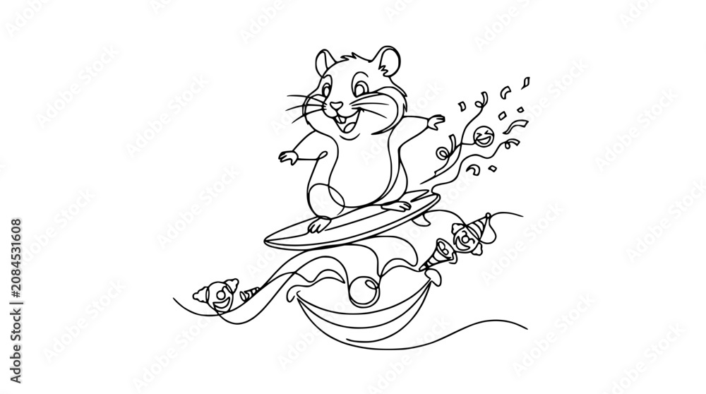 Fototapeta premium Happy Hamster Surfing on a Wave, Line Art, Fun Cartoon Style