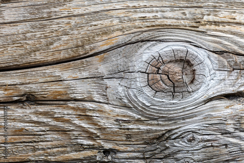 Close-up of weathered wood grain with a prominent knot and deep cracks, background, texture
