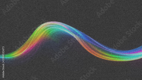 Retro rainbow light wave on grainy dark background, vintage aesthetic neon spectrum line, colorful wavy light trail with film noise 4K grainy texture Background
