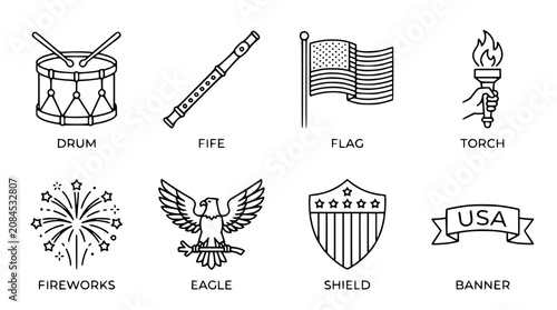 American Patriotic Symbols Line Drawing with Drum Fife Flag Torch Fireworks Eagle Shield Banner