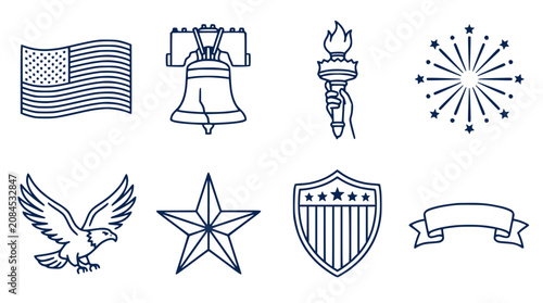 American Patriotic Symbols Line Icons Collection