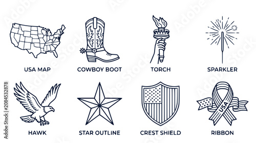 American Patriotic Symbols Line Icons - USA Map Eagle Torch Cowboy Boot Vector Collection