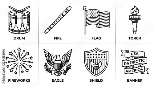 American patriotic symbols line art collection drum fife flag eagle