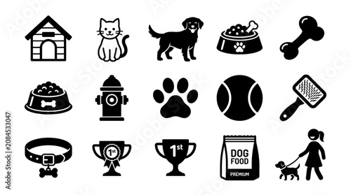 Fotografie Dog Care Accessories and Pet Training Silhouette Icon Collection