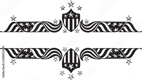 Patriotic American flag border with stars and shields, vintage heraldic banner vector, black and white decorative frame for national holidays