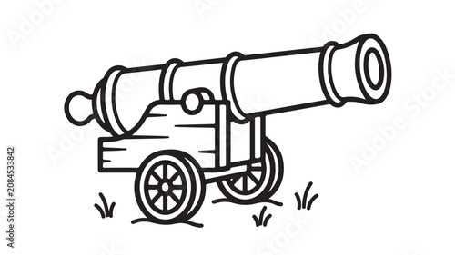 Vintage cannon vector illustration, antique artillery field gun on wooden carriage, historical military weapon line art icon