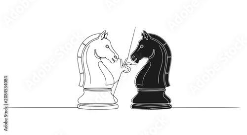 Foto Black and White Chess Knight Pieces Facing Off, Strategic Battle Concept