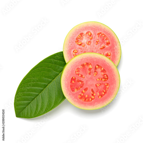 Sliced guava fruit with leaf on white background