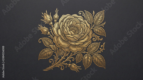 Luxury Gold Rose Engraving with Floral Outline on Elegant Black Background