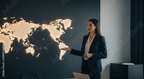 Confident businesswoman presenting global strategies beside an illuminated world map in a modern office