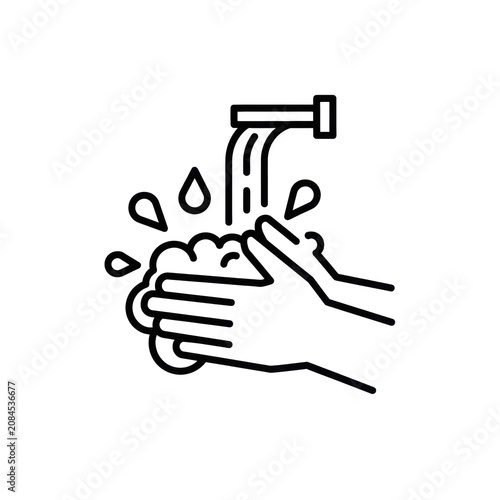 minimalist black line art vector icon of geometric hands washing under stylized running water on a transparent background, professional instructional design concept for hygiene