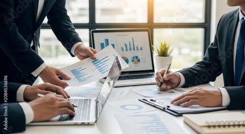 Corporate finance committee team analyzing financial reports and charts on laptops and papers during a business meeting in an office setting.