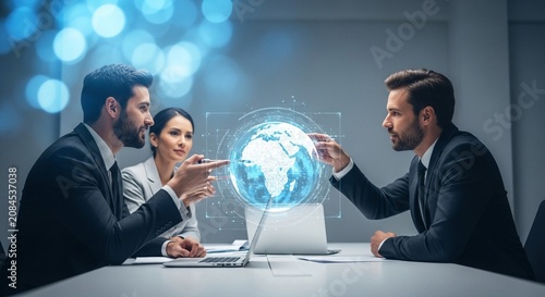 Diverse business executives in a modern office collaboratively interacting with a futuristic holographic global network for strategic planning and innovation.