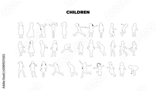 Fotografía CAD children side view outline set, kid elevation figures running jumping playin