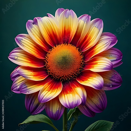 Vibrant multi-colored blossom, detailed petals, dark background