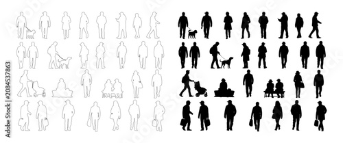 Photos CAD people side view silhouette and outline set, pedestrian elevation figures wa