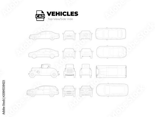 Tableau sur toile CAD vehicles top view side view and front elevation line drawing set, classic ca