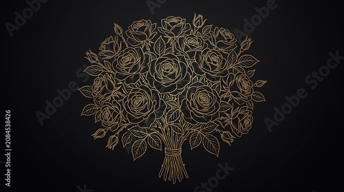 Elegant Golden Rose Bouquet Outline Art on Luxury Black Background