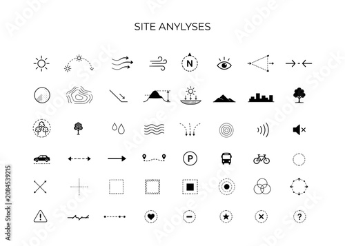 Foto CAD site analysis icons line drawing set, architecture symbols for sun wind nois