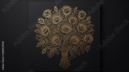 Elegant Golden Rose Bouquet Outline Art on Black Canvas Illustration