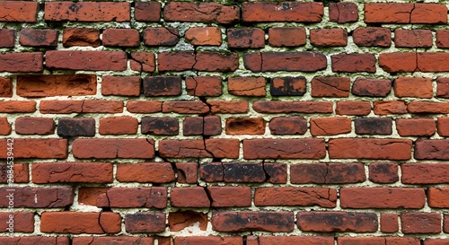 Close-up view of red brick wall with green ivy growth.