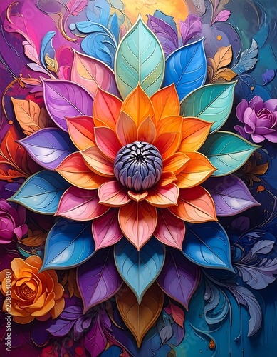 Vibrant multicolored lotus flower with decorative leaves