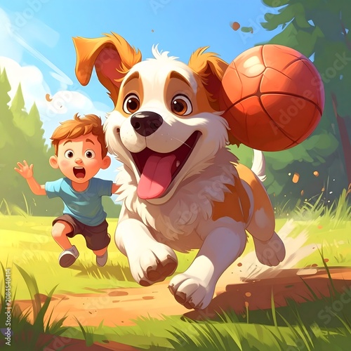 Cute cartoon dog and puppy playing outdoors in summer.