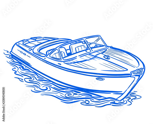Foto Detailed blue line art illustration of a vintage classic speedboat cruising on wavy water, featuring an open cockpit and retro design elements, isolated on a clean white background