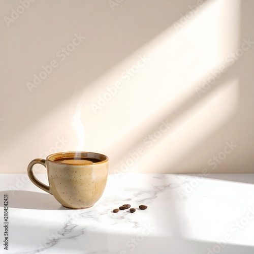 Golden coffee cup on white marble surface.