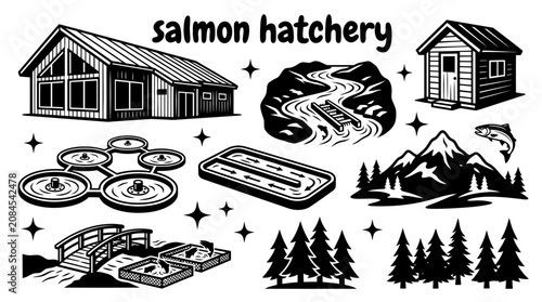 Tableau sur toile modern salmon hatchery beside a clear mountain river with breeding ponds wooden