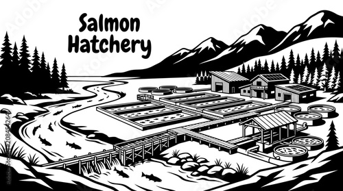 Tableau sur toile modern salmon hatchery beside a clear mountain river with breeding ponds wooden