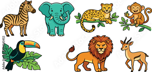 Canvas Print Cute Cartoon Safari Animals Vector Sticker Set Featuring Zebra Elephant Cheetah