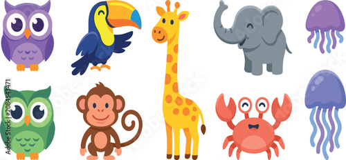 Canvas Print Cute Cartoon Wild and Marine Animal Sticker Set Featuring Owls Toucan Giraffe El