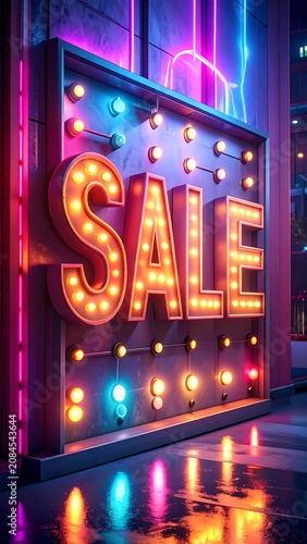 Vibrant neon sale sign illuminates wet street