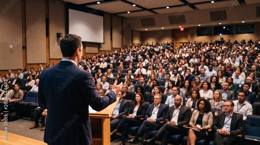 Fototapeta premium Speaker addressing a large audience in a modern conference hall with rows of seated attendees