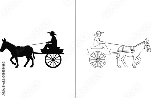 Konstfotografi Donkey Cart with a Person Sitting on a Small Wooden Wagon Pulled by a Farm Anima