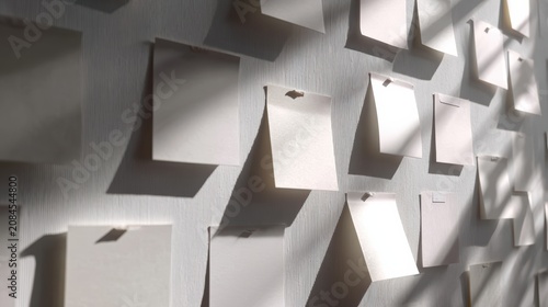 blank note papers attached to wall, minimal spacing, white and light tones, soft shadows, natural lighting