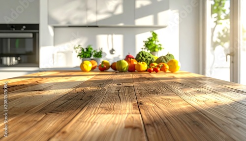 Modern kitchen counter with fresh fruit and herbs arrangement.