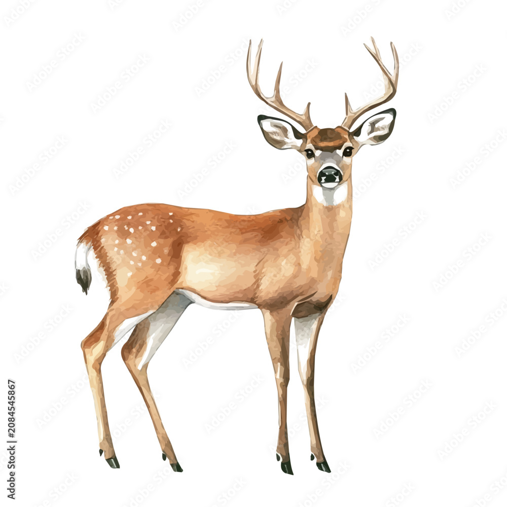Fototapeta premium White-tailed Deer, soft and charming watercolor, isolated on a white background, delicate and elegant style.